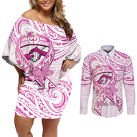 Polynesia Breast Cancer Awareness Couples Matching Off Shoulder Short Dress and Long Sleeve Button Shirt Pink Ribbon No One Fights Alone - White LT14 White - Polynesian Pride