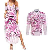 Polynesia Breast Cancer Awareness Couples Matching Summer Maxi Dress and Long Sleeve Button Shirt Pink Ribbon No One Fights Alone - White LT14 White - Polynesian Pride