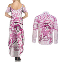 Polynesia Breast Cancer Awareness Couples Matching Summer Maxi Dress and Long Sleeve Button Shirt Pink Ribbon No One Fights Alone - White LT14 - Polynesian Pride