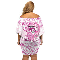 Polynesia Breast Cancer Awareness Off Shoulder Short Dress Pink Ribbon No One Fights Alone - White