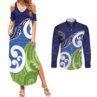 Southland New Zealand Couples Matching Summer Maxi Dress and Long Sleeve Button Shirt Maori Koru Flag Color