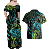 Southland Takehe Pounama Couples Matching Off Shoulder Maxi Dress and Hawaiian Shirt Aotearoa Poutama Paua Shell Fern LT14 - Polynesian Pride