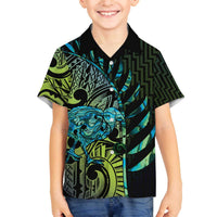Southland Takehe Pounama Family Matching Off The Shoulder Long Sleeve Dress and Hawaiian Shirt Aotearoa Poutama Paua Shell Fern LT14 Son's Shirt Black - Polynesian Pride