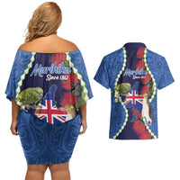 Southland Anniversary Day Couples Matching Off Shoulder Short Dress and Hawaiian Shirt Murihiku 1861 Maori Bird Mix Pohutukawa LT14 - Polynesian Pride