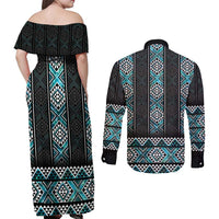 Paua Shell Taniko Pattern Aotearoa Couples Matching Off Shoulder Maxi Dress and Long Sleeve Button Shirt Niho Taniwha Mix Poutama