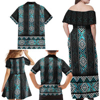 Paua Shell Taniko Pattern Aotearoa Family Matching Off Shoulder Maxi Dress and Hawaiian Shirt Niho Taniwha Mix Poutama