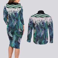 Aotearoa Korowai Motif Couples Matching Long Sleeve Bodycon Dress and Long Sleeve Button Shirt Hei Matau Poutama Maori Pattern