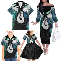 Aotearoa Korowai Motif Family Matching Off The Shoulder Long Sleeve Dress and Hawaiian Shirt Hei Matau Poutama Maori Pattern LT14 - Polynesian Pride