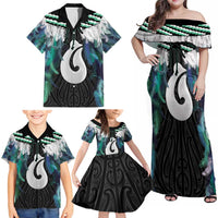 Aotearoa Korowai Motif Family Matching Off Shoulder Maxi Dress and Hawaiian Shirt Hei Matau Poutama Maori Pattern