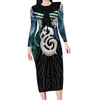 Aotearoa Korowai Motif Family Matching Long Sleeve Bodycon Dress and Hawaiian Shirt Hei Manaia Poutama Maori Pattern LT14 Mom's Dress Turquoise - Polynesian Pride