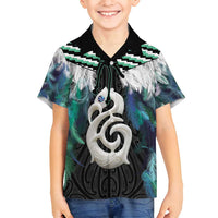 Aotearoa Korowai Motif Family Matching Off Shoulder Short Dress and Hawaiian Shirt Hei Manaia Poutama Maori Pattern LT14 Son's Shirt Turquoise - Polynesian Pride