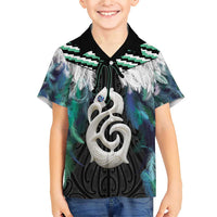 Aotearoa Korowai Motif Family Matching Short Sleeve Bodycon Dress and Hawaiian Shirt Hei Manaia Poutama Maori Pattern LT14 Son's Shirt Turquoise - Polynesian Pride