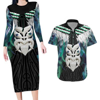 Aotearoa Korowai Motif Couples Matching Long Sleeve Bodycon Dress and Hawaiian Shirt Maori Wheku Poutama LT14 Turquoise - Polynesian Pride