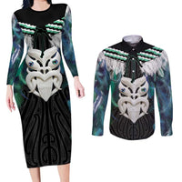 Aotearoa Korowai Motif Couples Matching Long Sleeve Bodycon Dress and Long Sleeve Button Shirt Maori Wheku Poutama LT14 Turquoise - Polynesian Pride