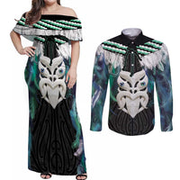 Aotearoa Korowai Motif Couples Matching Off Shoulder Maxi Dress and Long Sleeve Button Shirt Maori Wheku Poutama
