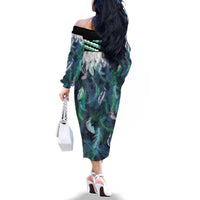 Aotearoa Korowai Motif Family Matching Off The Shoulder Long Sleeve Dress and Hawaiian Shirt Maori Wheku Poutama LT14 - Polynesian Pride