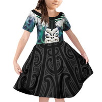 Aotearoa Korowai Motif Family Matching Off Shoulder Short Dress and Hawaiian Shirt Maori Wheku Poutama LT14 Daughter's Dress Turquoise - Polynesian Pride