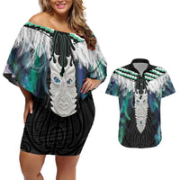 Aotearoa Korowai Motif Couples Matching Off Shoulder Short Dress and Hawaiian Shirt Maori Tane Poutama LT14 Turquoise - Polynesian Pride
