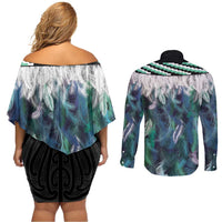 Aotearoa Korowai Motif Couples Matching Off Shoulder Short Dress and Long Sleeve Button Shirt Maori Tane Poutama
