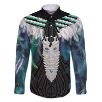 Aotearoa Korowai Motif Family Matching Off The Shoulder Long Sleeve Dress and Hawaiian Shirt Maori Tane Poutama LT14 Dad's Shirt - Long Sleeve Turquoise - Polynesian Pride