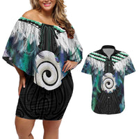 Aotearoa Korowai Motif Couples Matching Off Shoulder Short Dress and Hawaiian Shirt Maori Koru Poutama LT14 Turquoise - Polynesian Pride