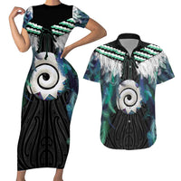 Aotearoa Korowai Motif Couples Matching Short Sleeve Bodycon Dress and Hawaiian Shirt Maori Koru Poutama LT14 Turquoise - Polynesian Pride