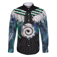 Aotearoa Korowai Motif Family Matching Off The Shoulder Long Sleeve Dress and Hawaiian Shirt Maori Koru Poutama LT14 Dad's Shirt - Long Sleeve Turquoise - Polynesian Pride