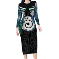 Aotearoa Korowai Motif Long Sleeve Bodycon Dress Maori Koru Poutama LT14 Long Dress Turquoise - Polynesian Pride