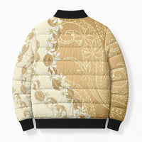 Heiva i Tahiti Bomber Puffer Jacket Tahitian Tiare Maori Cowrie Lei Brown