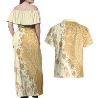 Heiva i Tahiti Couples Matching Off Shoulder Maxi Dress and Hawaiian Shirt Tahitian Tiare Maori Cowrie Lei Brown LT14 - Polynesian Pride