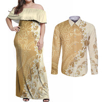 Heiva i Tahiti Couples Matching Off Shoulder Maxi Dress and Long Sleeve Button Shirt Tahitian Tiare Maori Cowrie Lei Brown LT14 Brown - Polynesian Pride