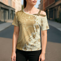 Heiva i Tahiti Cross Shoulder Shirt Tahitian Tiare Maori Cowrie Lei Brown