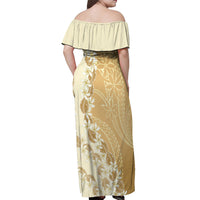 Heiva i Tahiti Off Shoulder Maxi Dress Tahitian Tiare Maori Cowrie Lei Brown