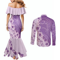 Heiva i Tahiti Couples Matching Mermaid Dress and Long Sleeve Button Shirt Tahitian Tiare Maori Cowrie Lei Purple LT14 - Polynesian Pride