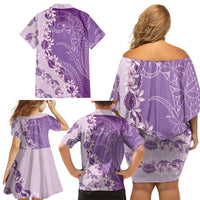 Heiva i Tahiti Family Matching Off Shoulder Short Dress and Hawaiian Shirt Tahitian Tiare Maori Cowrie Lei Purple LT14 - Polynesian Pride
