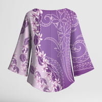 Heiva i Tahiti Kimono Sleeve Blouse Tahitian Tiare Maori Cowrie Lei Purple