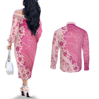 Heiva i Tahiti Couples Matching Off The Shoulder Long Sleeve Dress and Long Sleeve Button Shirt Tahitian Tiare Maori Cowrie Lei Pink LT14 - Polynesian Pride