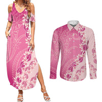 Heiva i Tahiti Couples Matching Summer Maxi Dress and Long Sleeve Button Shirt Tahitian Tiare Maori Cowrie Lei Pink