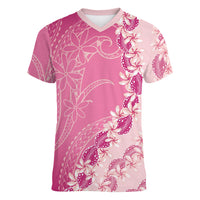 Heiva i Tahiti Women V-Neck T-Shirt Tahitian Tiare Maori Cowrie Lei Pink LT14 Female Pink - Polynesian Pride