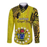 27 October Aitutaki Island Gospel Day Long Sleeve Button Shirt Cook Islands Tribal Pattern LT14 Unisex Gold - Polynesian Pride