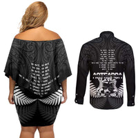 New Zealand Silver Fern Rugby Couples Matching Off Shoulder Short Dress and Long Sleeve Button Shirt Haka Dance With Aotearoa Maori Pattern