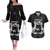 New Zealand Silver Fern Rugby Couples Matching Off The Shoulder Long Sleeve Dress and Hawaiian Shirt Haka Dance With Aotearoa Maori Pattern