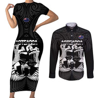 New Zealand Silver Fern Rugby Couples Matching Short Sleeve Bodycon Dress and Long Sleeve Button Shirt Haka Dance With Aotearoa Maori Pattern