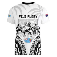 New Zealand And Fiji Tapa Rugby Women V-Neck T-Shirt Haka Dance Mix Cibi Dance Together
