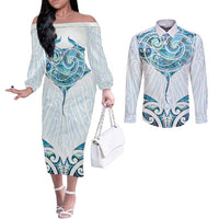 New Zealand Manta Ray Tattoo Couples Matching Off The Shoulder Long Sleeve Dress and Long Sleeve Button Shirt Aotearoa Maori Haehae Paua Shell LT14 White - Polynesian Pride