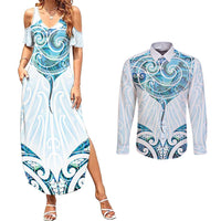 New Zealand Manta Ray Tattoo Couples Matching Summer Maxi Dress and Long Sleeve Button Shirt Aotearoa Maori Haehae Paua Shell LT14 White - Polynesian Pride