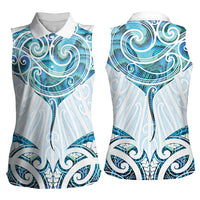 New Zealand Manta Ray Tattoo Women Sleeveless Polo Shirt Aotearoa Maori Haehae Paua Shell - Polynesian Pride