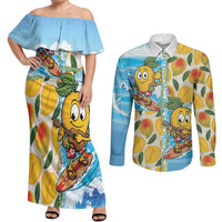Aloha Hawaii Summer Couples Matching Off Shoulder Maxi Dress and Long Sleeve Button Shirt Hawaiian Lei Surfing Mango Palaka Motifs