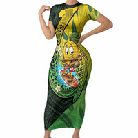 Hawaii Surfing Mango Short Sleeve Bodycon Dress Manako Polynesian Fish Hook