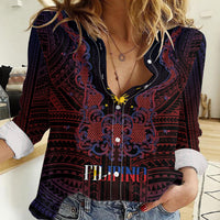 Filipino Barong Tagalog Inspired Personalised Women Casual Shirt Mabuhay Philippines Festival Polynesian Pattern LT14 Female Black - Polynesian Pride